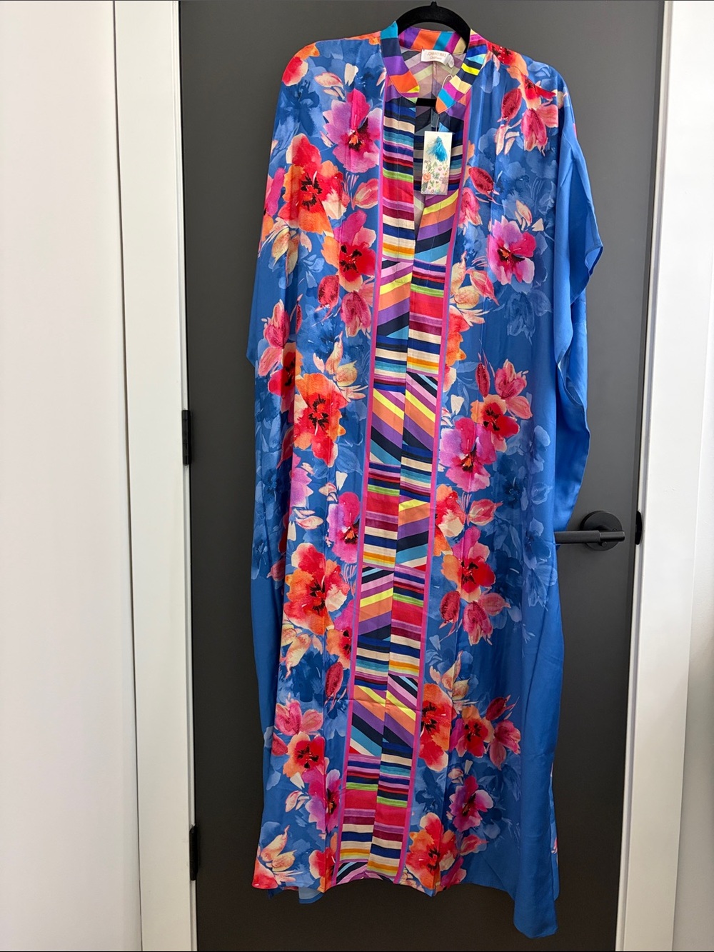 NWT Johnny Was Bright Blue Floral Caftan with Multicolor Stripe Trim